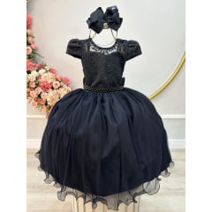Vestido Infantil Preto C/ Renda e Pérolas Festas Daminhas