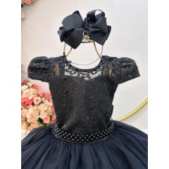 Vestido Infantil Preto C/ Renda e Pérolas Festas Daminhas