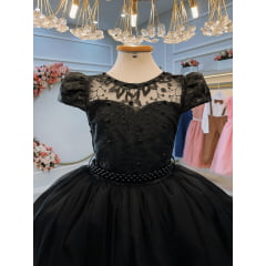 Vestido Infantil Preto C/ Renda e Pérolas Festas Daminhas
