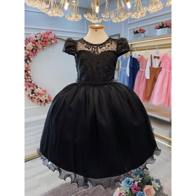 Vestido Infantil Preto C/ Renda e Pérolas Festas Daminhas