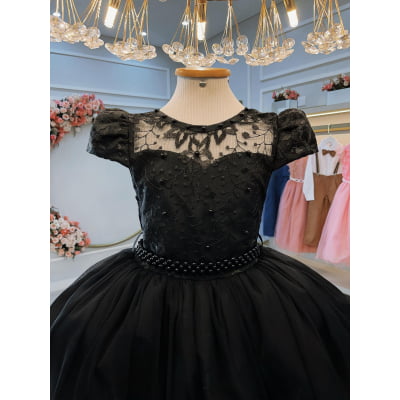 Vestido Infantil Preto C/ Renda e Pérolas Festas Daminhas