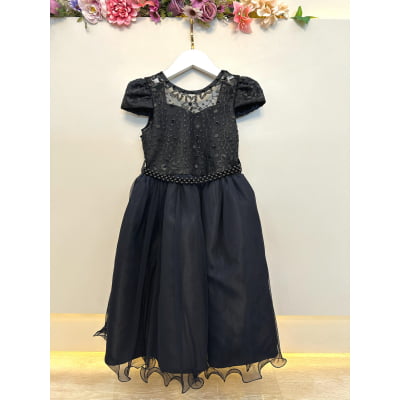 Vestido Infantil Preto C/ Renda e Pérolas Festas Daminhas
