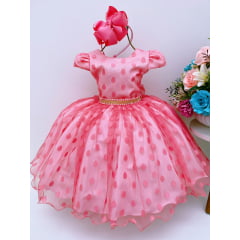 Vestido Infantil Rosê Bolinhas Cinto Strass C/ Pérolas Luxo