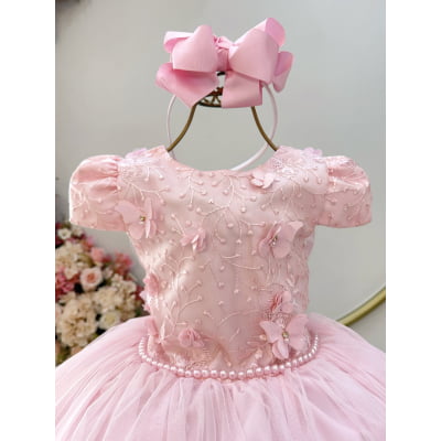 Vestido Infantil Rosa C/ Apliques Borboletas Festas Luxo