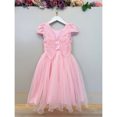 Vestido Infantil Rosa C/ Apliques Borboletas Festas Luxo