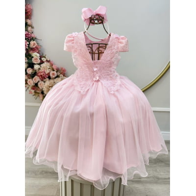 Vestido Infantil Rosa C/ Apliques Borboletas Festas Luxo