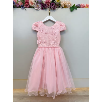 Vestido Infantil Rosa C/ Apliques Borboletas Festas Luxo