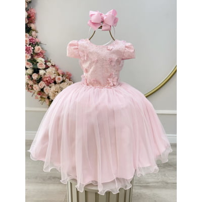 Vestido Infantil Rosa C/ Apliques Borboletas Festas Luxo