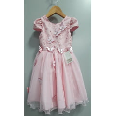 Vestido Infantil Rosa C/ Apliques Flores e Borboletas Festas