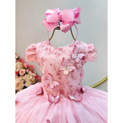 Vestido Infantil Rosa C/ Apliques Flores e Borboletas Festas