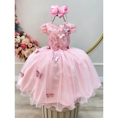 Vestido Infantil Rosa C/ Apliques Flores e Borboletas Festas