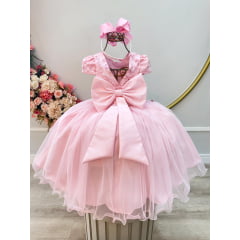 Vestido Infantil Rosa C/ Apliques Flores e Borboletas Festas