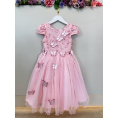 Vestido Infantil Rosa C/ Apliques Flores e Borboletas Festas