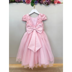 Vestido Infantil Rosa C/ Apliques Flores e Borboletas Festas