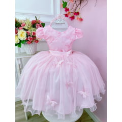 Vestido Infantil Rosa C/ Renda Aplique Borboletas Damas
