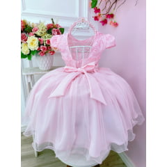 Vestido Infantil Rosa C/ Renda Aplique Borboletas Damas