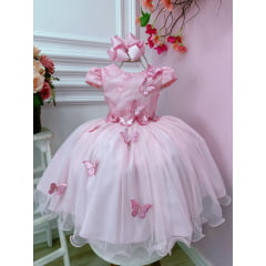 Vestido Infantil Rosa C/ Renda Aplique de Borboletas Damas