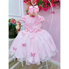 Vestido Infantil Rosa C/ Renda Aplique de Borboletas Damas