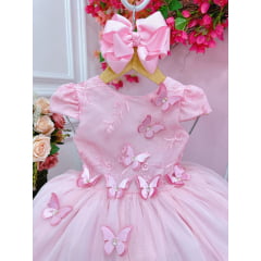 Vestido Infantil Rosa C/ Renda Aplique de Borboletas Damas