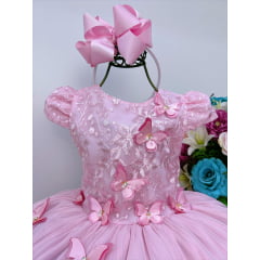 Vestido Infantil Rosa Com Renda Aplique de Borboletas Dama