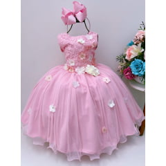 Vestido Infantil Rosa C/ Renda e Aplique de Flores