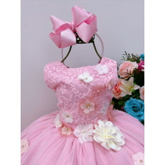 Vestido Infantil Rosa C/ Renda e Aplique de Flores