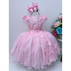 Vestido Infantil Rosa C/ Renda e Borboletas Dama Princesas