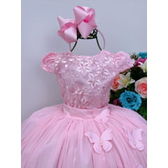 Vestido Infantil Rosa C/ Renda e Borboletas Dama Princesas