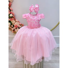 Vestido Infantil Rosa Claro C/ Renda e Aplique de Flores