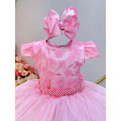 Vestido Infantil Rosa Claro C/ Renda e Aplique de Flores