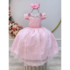 Vestido Infantil Rosa Claro C/ Renda e Pérolas Festas Daminhas