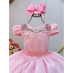 Vestido Infantil Rosa Claro C/ Renda e Pérolas Festas Daminhas