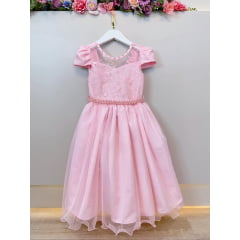 Vestido Infantil Rosa Claro C/ Renda e Pérolas Festas Daminhas
