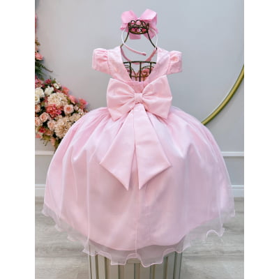 Vestido Infantil Rosa Claro C/ Renda e Pérolas Festas Daminhas