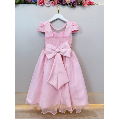 Vestido Infantil Rosa Claro C/ Renda e Pérolas Festas Daminhas