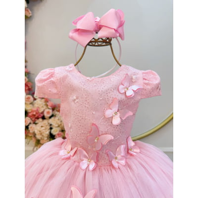 Vestido Infantil Rosa Com Renda e Borboletas Dama Festas Luxo