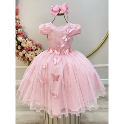 Vestido Infantil Rosa Com Renda e Borboletas Dama Festas Luxo