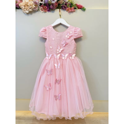 Vestido Infantil Rosa Com Renda e Borboletas Dama Festas Luxo