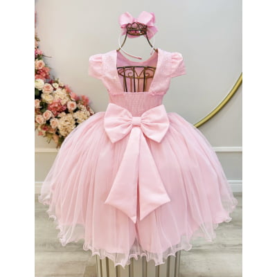 Vestido Infantil Rosa Com Renda e Borboletas Dama Festas Luxo
