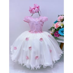 Vestido Infantil Rosa e Off Aplique Flores Renda Luxo