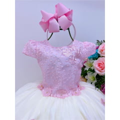 Vestido Infantil Rosa e Off Aplique Flores Renda Luxo