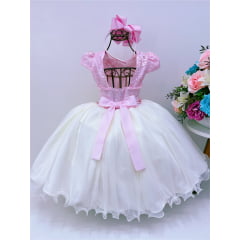Vestido Infantil Rosa e Off Aplique Flores Renda Luxo