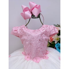 Vestido Infantil Rosa e Off Com Renda e Aplique Luxo