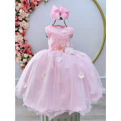 Vestido Infantil Rosa Luxo C/ Flores em Aplique e Renda