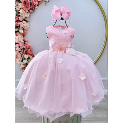 Vestido Infantil Rosa Luxo C/ Flores em Aplique e Renda Vestido Infantil Rosa Luxo C/ Flores em Aplique e Renda