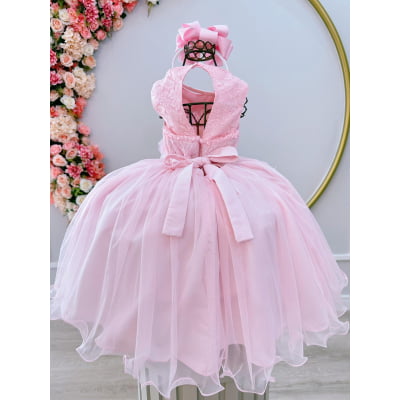 Vestido Infantil Rosa Luxo C/ Flores em Aplique e Renda