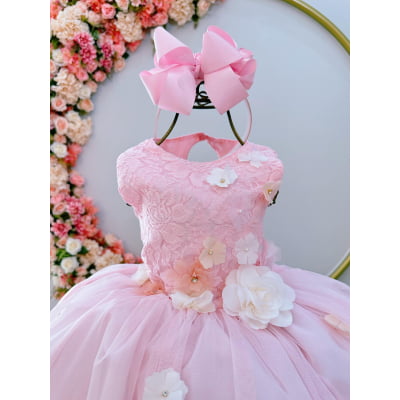 Vestido Infantil Rosa Luxo C/ Flores em Aplique e Renda