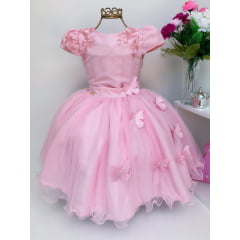 Vestido Infantil Rosa Renda Aplique Borboletas Dama Princesa