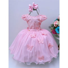 Vestido Infantil Rosa Renda C/ Aplique Borboletas Dama