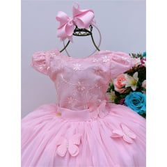 Vestido Infantil Rosa Renda C/ Aplique Borboletas Dama